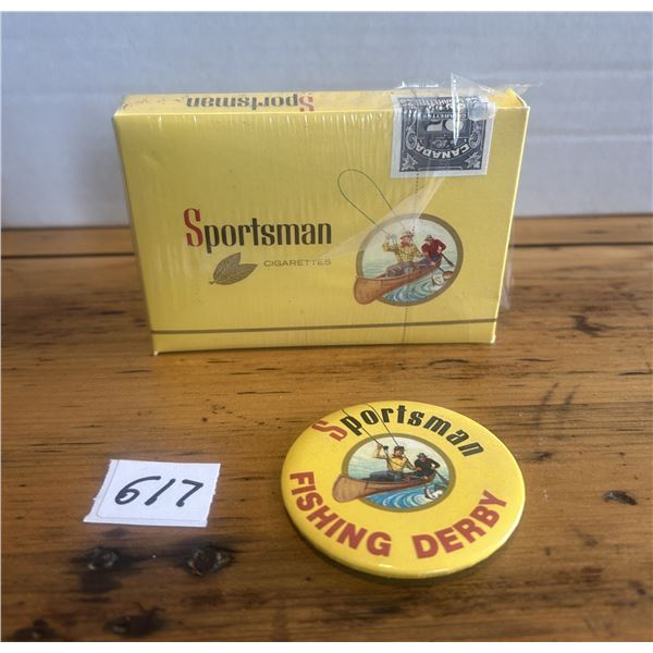 Sportsman pack of unopened cigarettes and pin button