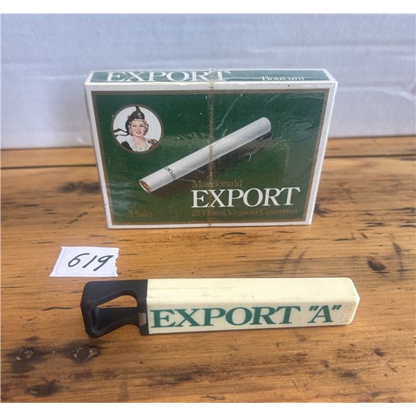Export A plain cigarette pack, unopened and Bottle opener - vintage