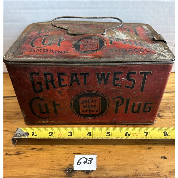 Great West cut plug tobacco tin, top lid is rough
