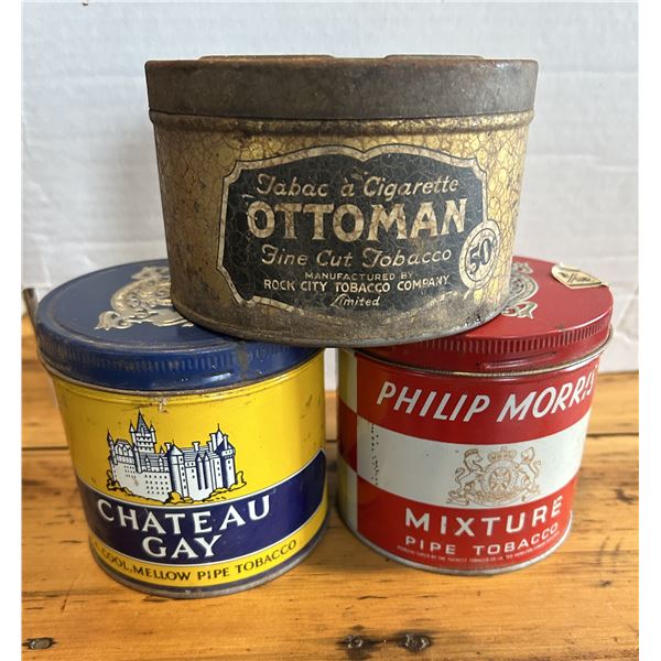 3 Round tobacco tins - Ottoman, Philip Morris, and Chateau Gay