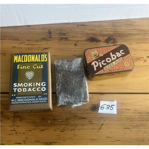 MacDonald's paper cigarette pack and Picobac tin, c/w 2 plugs of tobacco