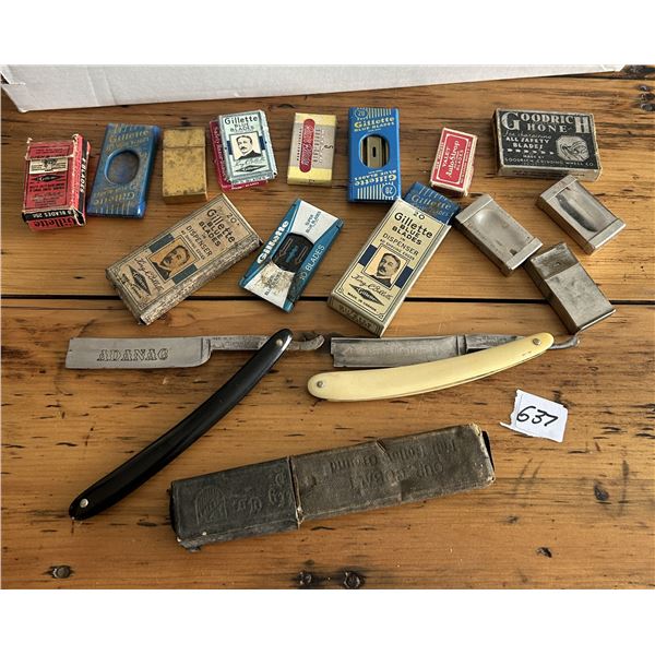 2 Straight razors and lot of shaving blades, Gillette, Adanac, etc.