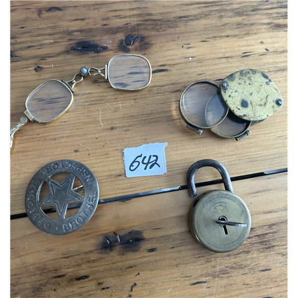 4 Collector pc's - Official Brothel INSP badge, brass eye glass, Brass lock n key, folding glasses, 
