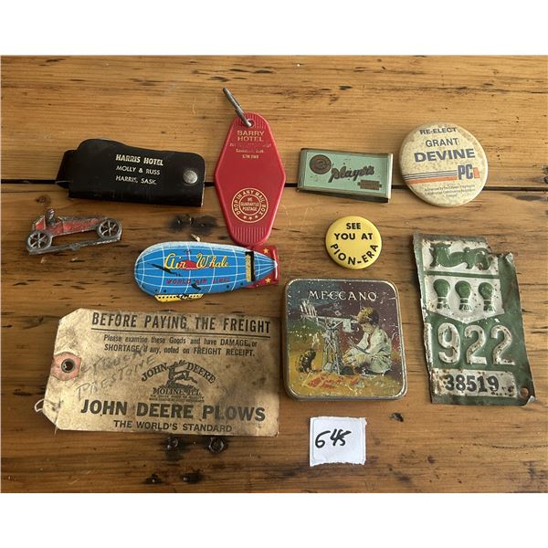 Lot of Vintage collectibles - 1922 plate badge, JD, Player's, Meccano, Burns Hotel, etc.