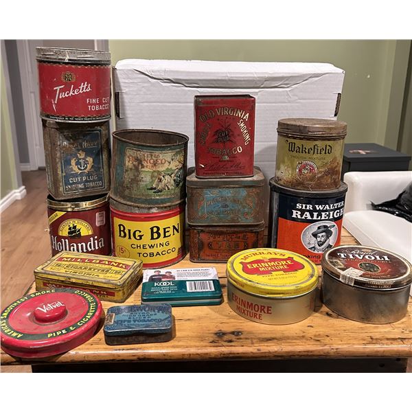 Lot of 15 collectible tobacco tins and 1 lid