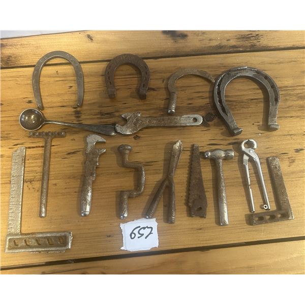 Miniature metal tools, horse shoes, etc. Salesman sample style