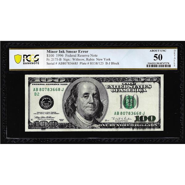 1996 $100 Federal Reserve Note Minor Ink Smear Error PCGS About Unc 50 Details