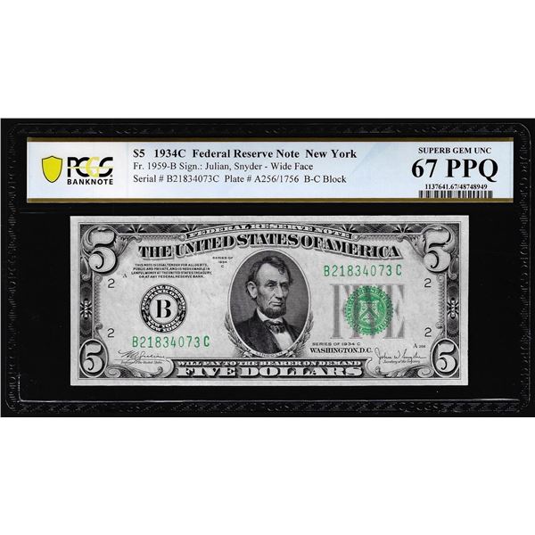 1934C $5 Federal Reserve Note New York Fr.1959-B PCGS Superb Gem Uncirculated 67PPQ