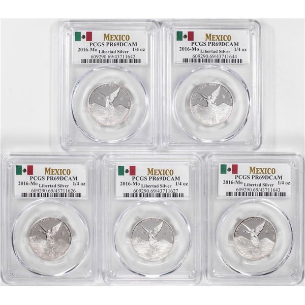 Lot of (5) 2016-Mo Mexico Proof 1/4 oz Silver Libertad Coins PCGS PR69DCAM