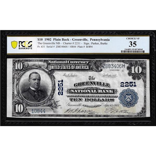 1902 PB $10 NB Greenville, PA CH# 2251 National Currency Note PCGS Choice VF 35