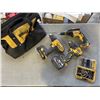 Image 1 : THREE DEWALT DRILLS WITH TWO BATTERIES, BITS IN CASE AND CARRY BAG