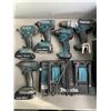 Image 2 : FOUR MAKITA 18V CORDLESS IMPACTS AND DRILL WITH THREE BATTERIES AND DUAL CHARGER IN CARRY BAG, TESTE