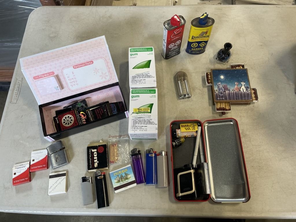 BAG OF MATCHES, LIGHTERS, LIGHTER FLUID, FLINTS, PIPE AND 2 BOXES OF ...