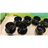 Image 2 : 6 BLACK HAND PAINTED CUOPS AND SAUCERS, AND CARVED WOODEN ELEPHANT PIECE