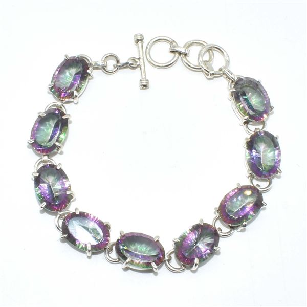 SILVER CERTIFIED MYSTIC QUARTZ(54.5CT) HAND MADE BRACELET (~LENGTH 8INCHES) (~WEIGHT 24.1G)