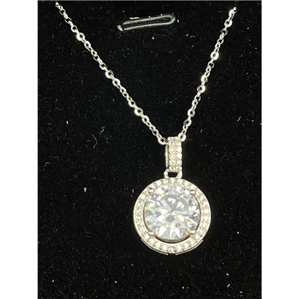 STERLING SILVER 4.0CT HALO NECKLACE, MOUNTED IN 925 STERLING SILVER WITH WHITE GOLD OVERLAY,