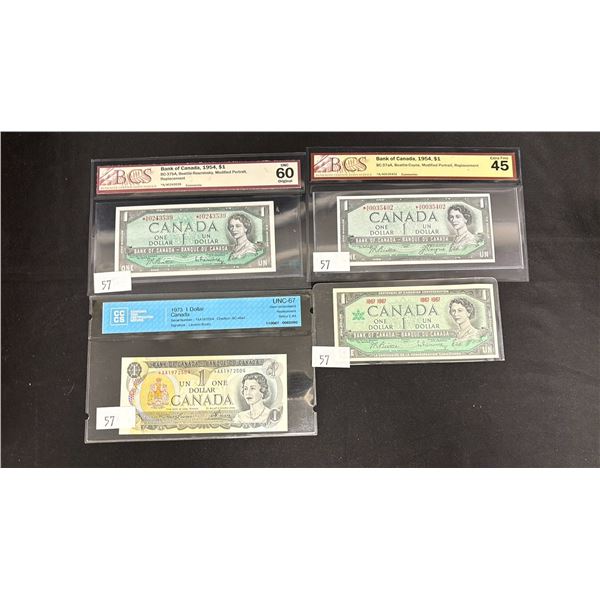$1 CANADIAN BANK NOTES 1954, 1973, 1967, & 1954