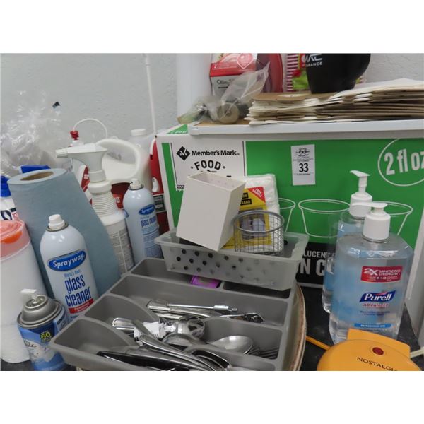 Portion Cups, Utensils, Cleaning Supplies on Shelf