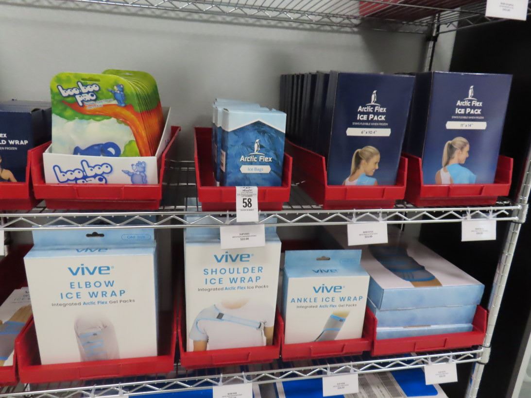 Ice Packs, Gel, Ankle Wraps, Supplies on Rack