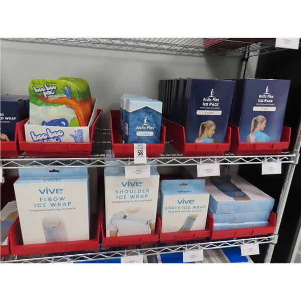 Ice Packs, Gel, Ankle Wraps, Supplies on Rack