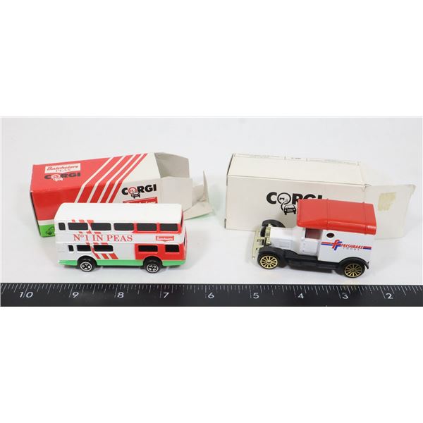 #384 TWO SMALL BOXED CORGI CARS BATCHELORS PEAS