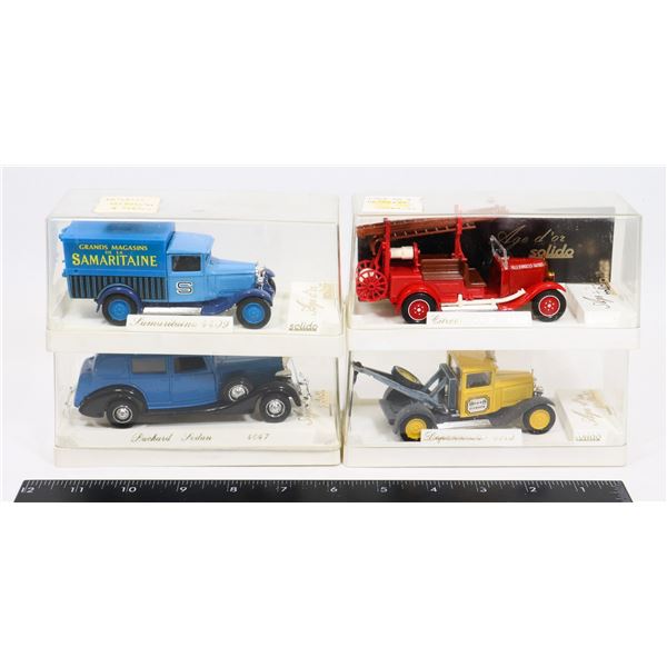 #508 LOT 4 SOLIDO BOXED TRUCKS CAR FIRE ENGINE