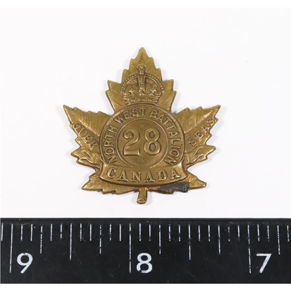 #769 WW1 WORN CONDITION 28TH CEF CAP BADGE