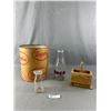 Image 1 : Vintage Wood Butter Press, Milk Bottles & Composite Dairyland Ice Cream Tub, Approx. 10.5" H x 9.5"