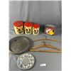 Image 2 : Lot Of Vintage Finds - Flour Sifter, Tin Kitchen Canister, Wood Hangers, Tins & More