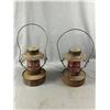 Image 2 : 2 Vintage Handlan Inc Kerosine Lanterns w/ Original Red Glass & 17.5" x 12" Wood Serving Tray
