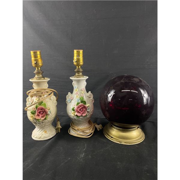 Vintage Lot of 2 Old Lamps, and a Red Ceiling Light Cover