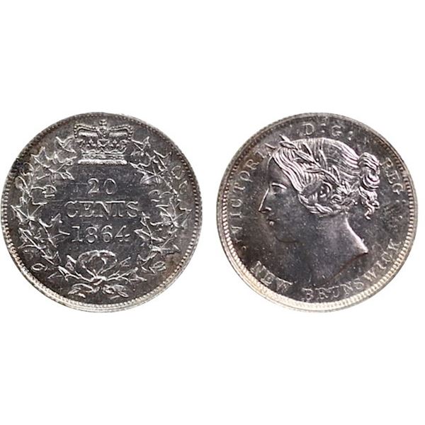 N.B. 1864 20¢ ICCS Choice Mint State-64.  Very Choice Mint State-64. Bright lustrous example display