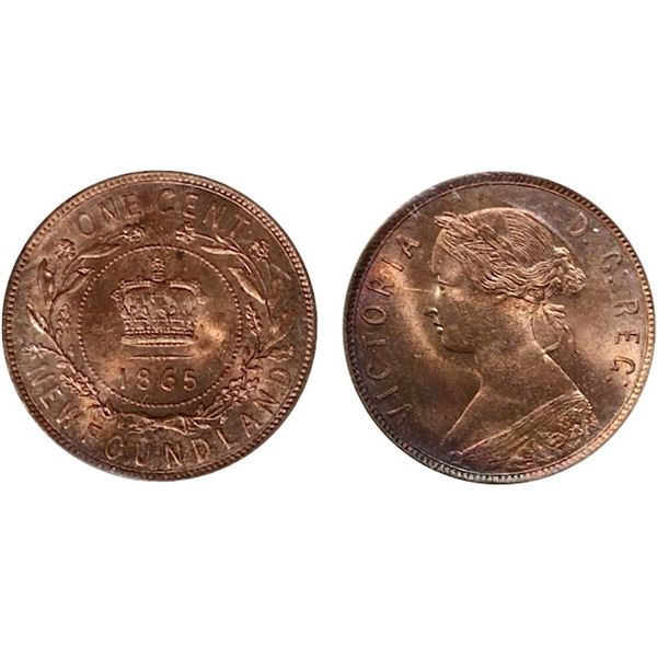 Nfld 1865 1¢ "Repunched 6" ICCS Gem Mint State-65 Red.  Radiant with gorgeous perimeter red lustre. 