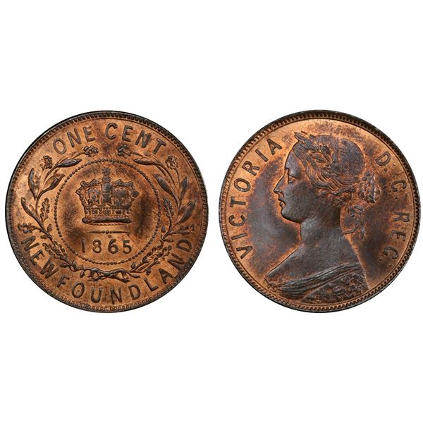 Nfld 1865 1¢ PCGS Gem Mint State-65RB.  Attractive vivid lustre with smooth shadowy fields. An impor