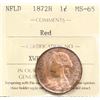 Image 2 : Nfld 1872H 1¢ ICCS Gem Mint State-65RED.  Gem 95% red and lustrous example.