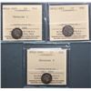 Image 1 : Nfld  1865 5¢ Obv. 1, 1885, 1888 Obv.3, lot of 3 ICCS coins,  Grades vary from Very Good-8 to Fine-1