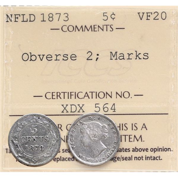 Nfld 1873 5¢ Obv.2 ICCS Very Fine-20 marks