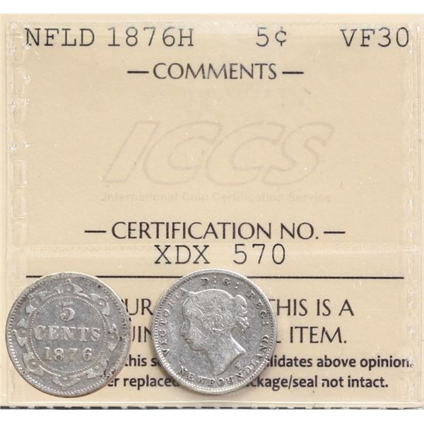 Nfld 1876H 5¢ ICCS Choice Very Fine-30.  Lustrous.