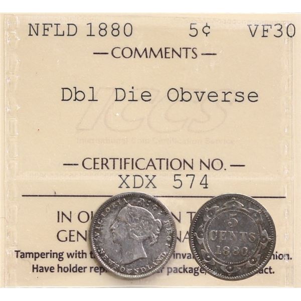 Nfld 1880 5¢ "Dbl Die Obverse" ICCS Choice Very Fine-30.  Very scarce variety.