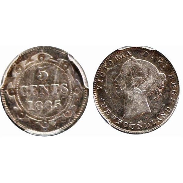 Nfld 1885 5¢ PCGS Choice Extra Fine-45.  Attractive remaining lustre and spotty gold tints.  Scarce 