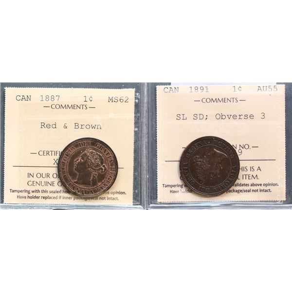 1887 1¢ Choice Mint State-62RB &1891 SDSL Obv 3 Choice About Uncirculated-55 both ICCS graded.