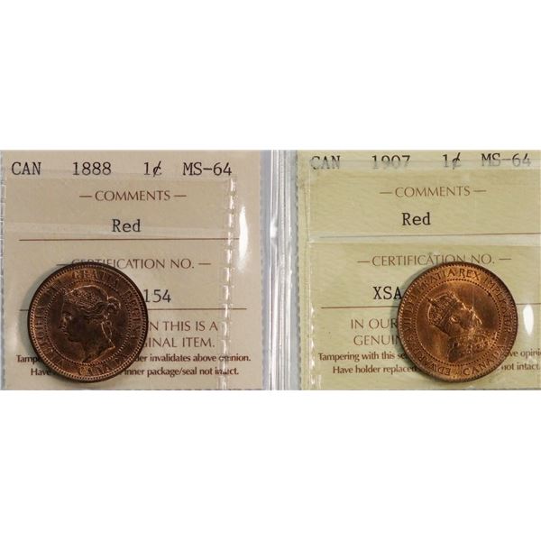 1888 1¢, & 1907 both ICCS Choice Mint State-64RED.