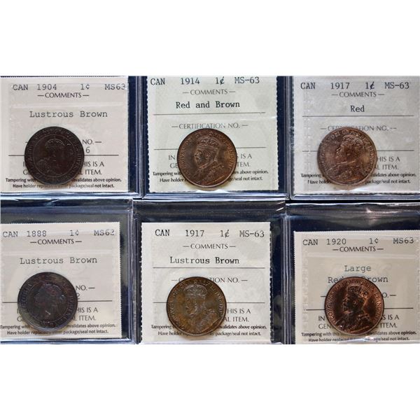 1888 1¢, 1904, 1914, 1917(2) & 1920 Lg all ICCS graded Choice Mint State-63 with varying colour desi