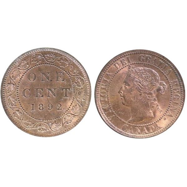 1892 1¢ Obv 4 ICCS Gem Mint State-65RED.  Shows clashed obv. 90% Full RED and lustrous example.