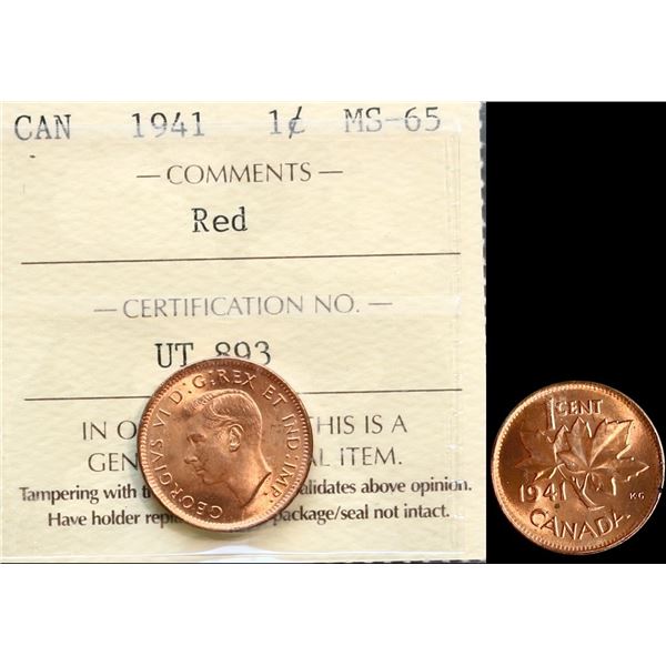 1941 1¢ ICCS Gem Mint State-65RED.  A nice lustrous Gem 100% Red example.