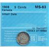 Image 2 : 1908 5¢ Small Date CCCS Choice Mint State-63.
