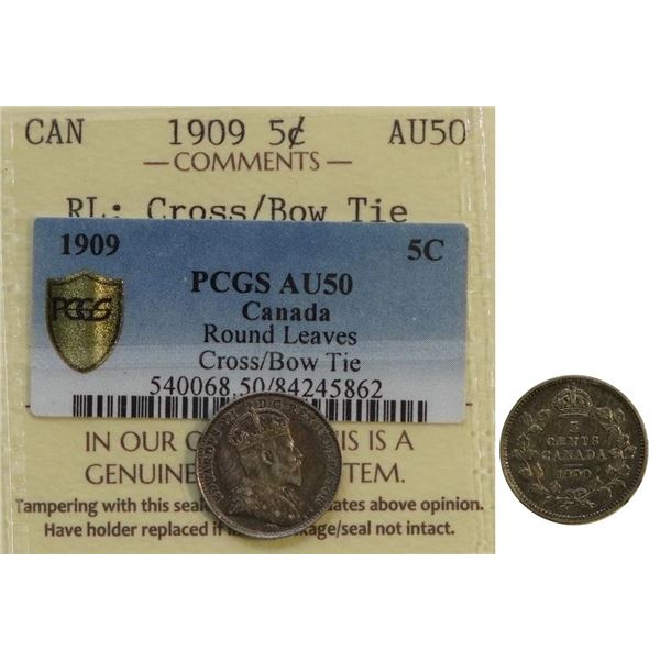 1909 5¢ RL / "Cross/Bow Tie" ICCS About Uncirculated-50.