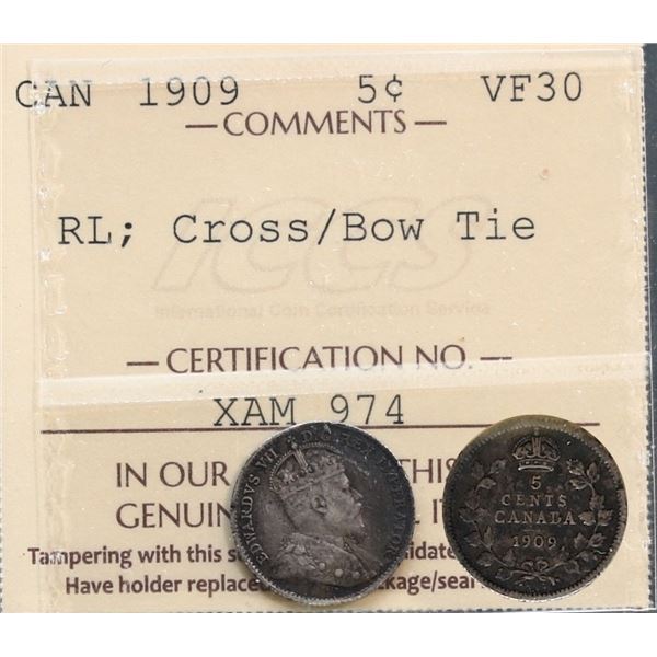 1909 5¢ RL / "Cross/Bow Tie" ICCS Choice Very Fine-30