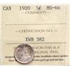 Image 2 : 1920 5¢ PCGS ICCS Superb Gem Mint State-66.  Vivid lustrous fields with some peripheral tones.