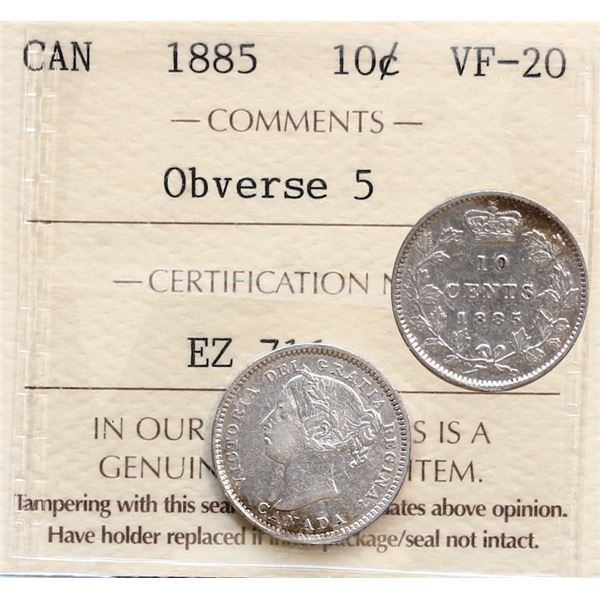 1885 10¢ Obv.5 ICCS Very Fine-20.  Scarce obverse type